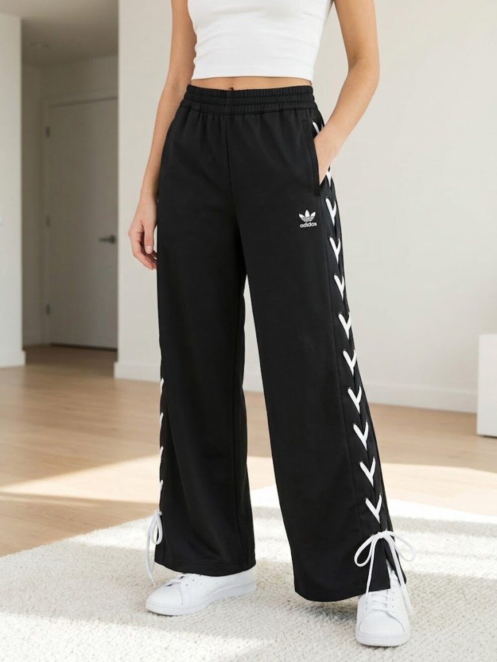 adidas Originals Wide Leg Corset Lace Up Side Panel Track Pants HK5085 W L/ UK18